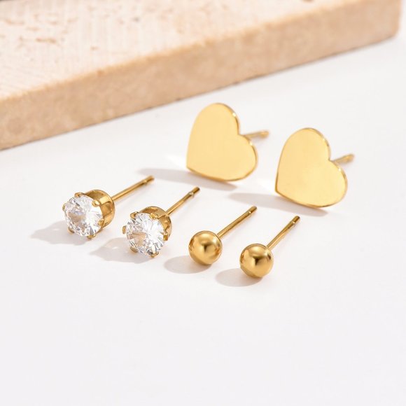 3/$35 3 Pairs 14K Gold Plated Ear Stud Earrings Heart Diamond Cubic Zirconia - Picture 1 of 4